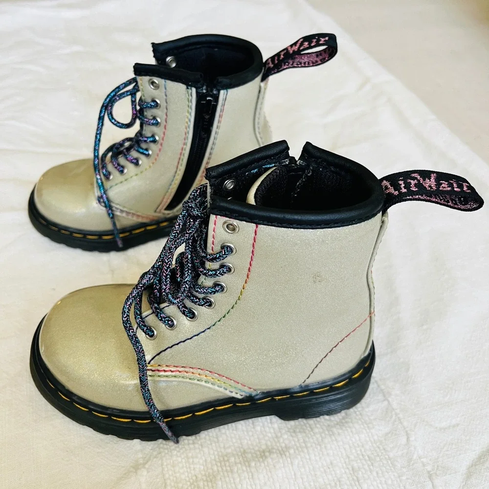 Dr. Martens 1460 T Toddler Sparkle Rays Boots Silver Rainbow Lace Up Size 7 US